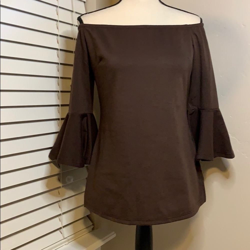 Mooncolour Brown Off Shoulder 3/4 Bell Sleeve Top